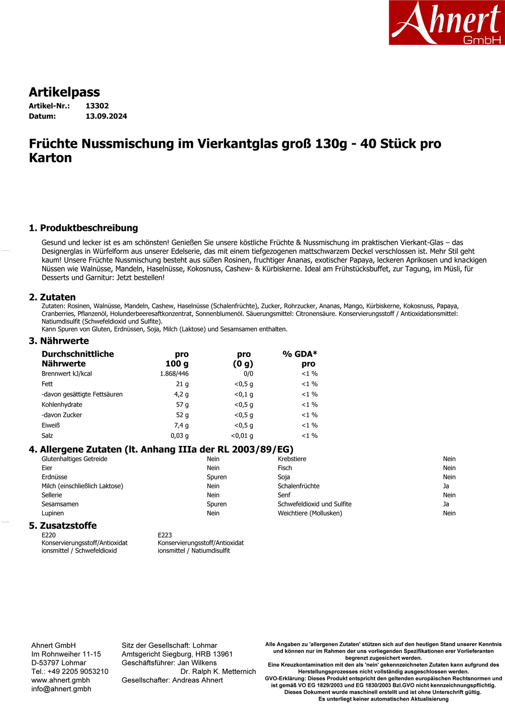 Früchte Nussmischung im Vierkantglas groß 130g - 40 Stück pro Karton
