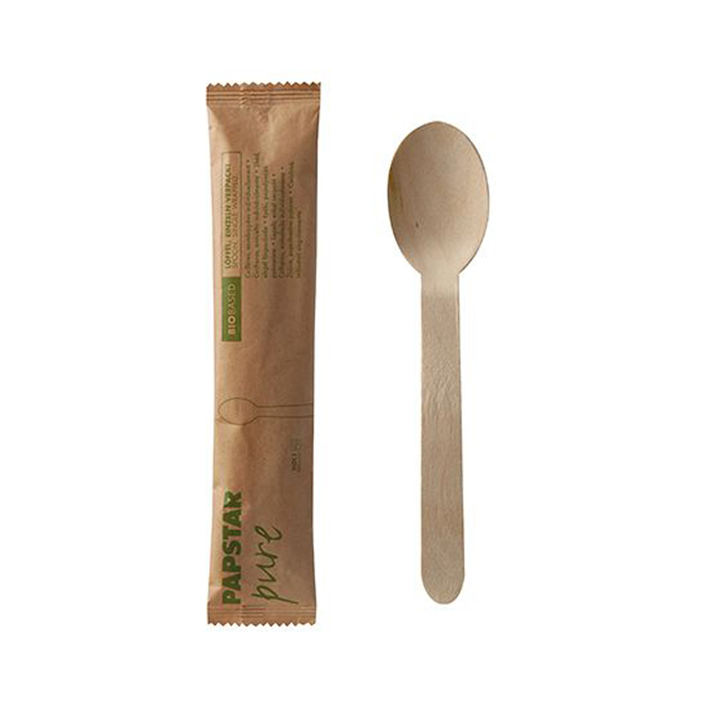 Löffel Holz 'pure' 16 cm einzeln verpackt in Papierbeutel
50 Sets pro Pack/Gebinde