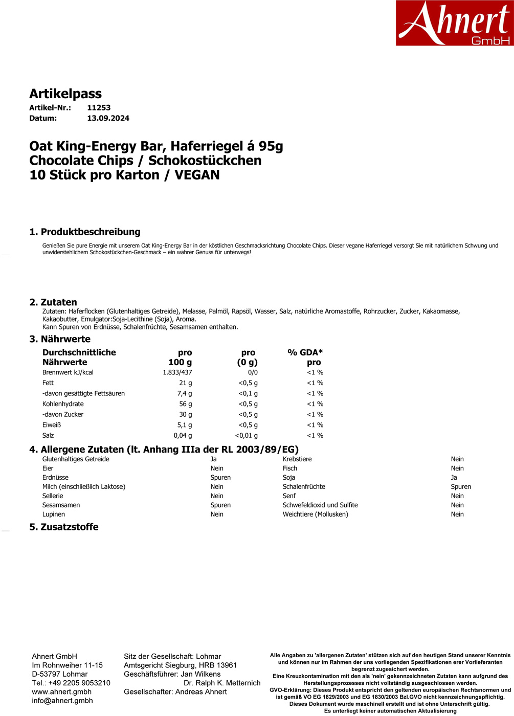 Oat King-Energy Bar, Haferriegel á 95g
Chocolate Chips / Schokostückchen
10 Stück pro Karton / VEGAN