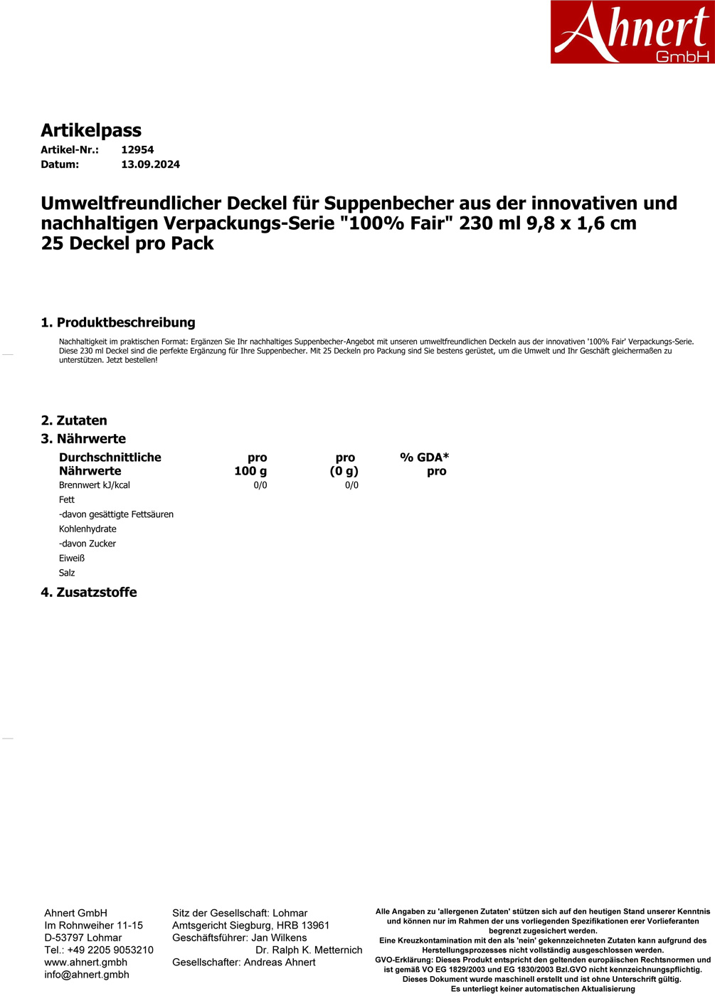 Umweltfreundlicher Deckel für Suppenbecher aus der innovativen und nachhaltigen Verpackungs-Serie '100% Fair' 230 ml 9,8 x 1,6 cm
25 Deckel pro Pack
