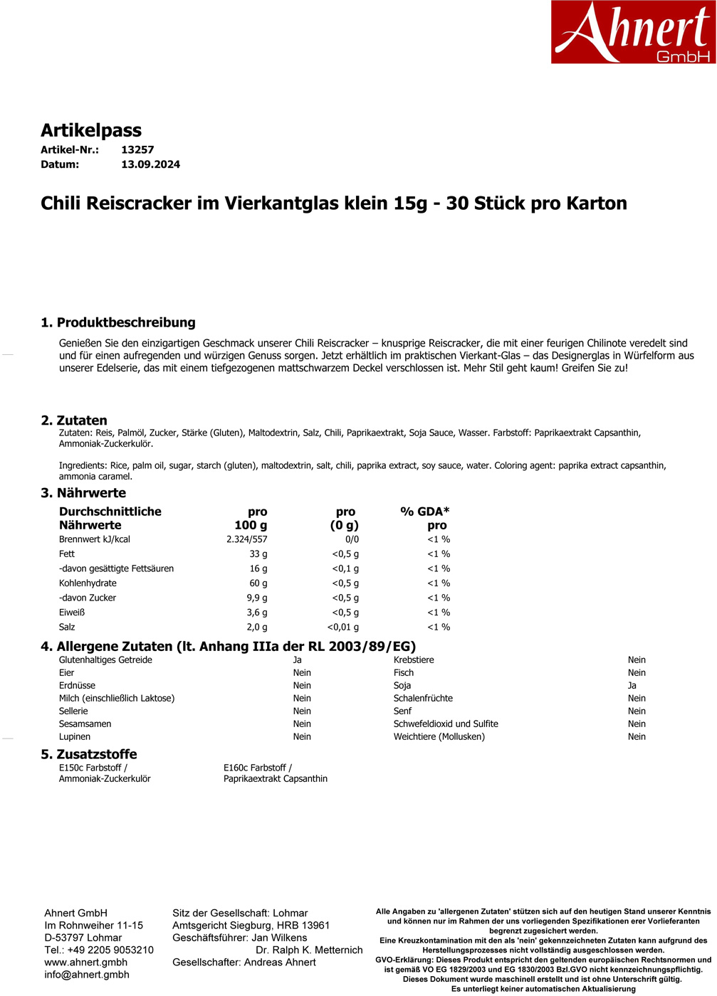 Chili Reiscracker im Vierkantglas klein 15g - 30 Stück pro Karton