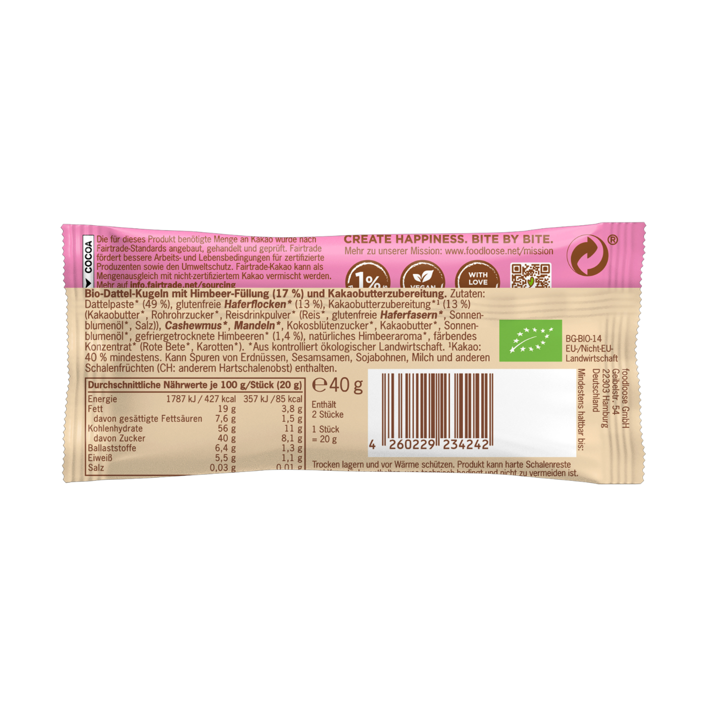 Foodloose Bio White Delights Himbeere
 40g - 12 Stück pro Karton