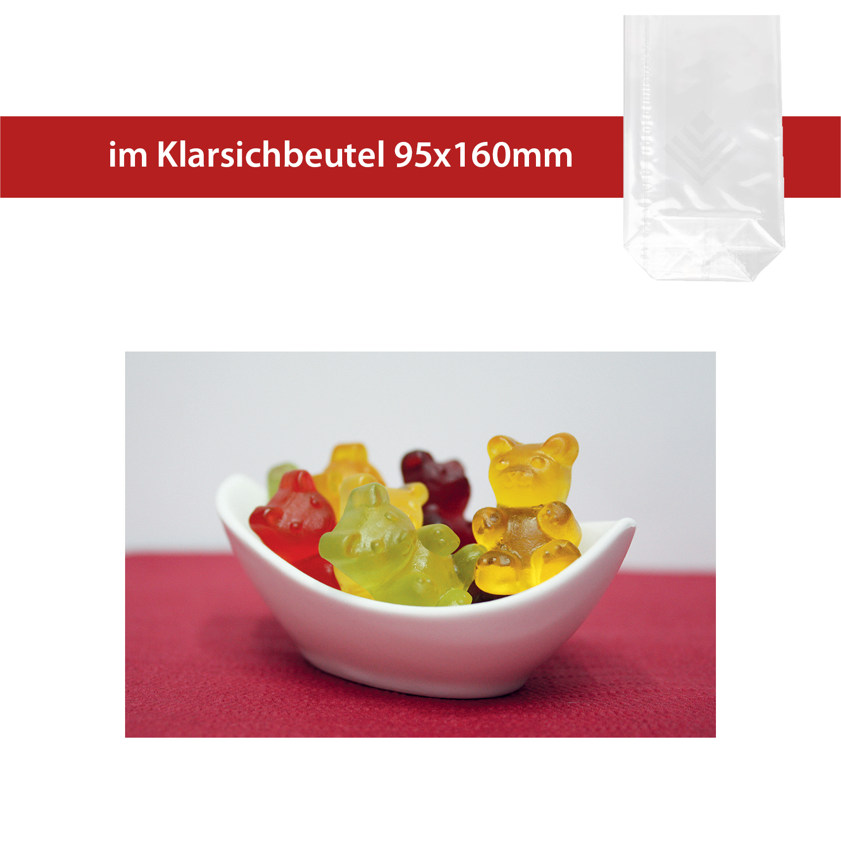 XXL-Bär ohne Gelatine 
in 100g Klarsichtbeutel mit individuellem Logo
25 Beutel/ Karton