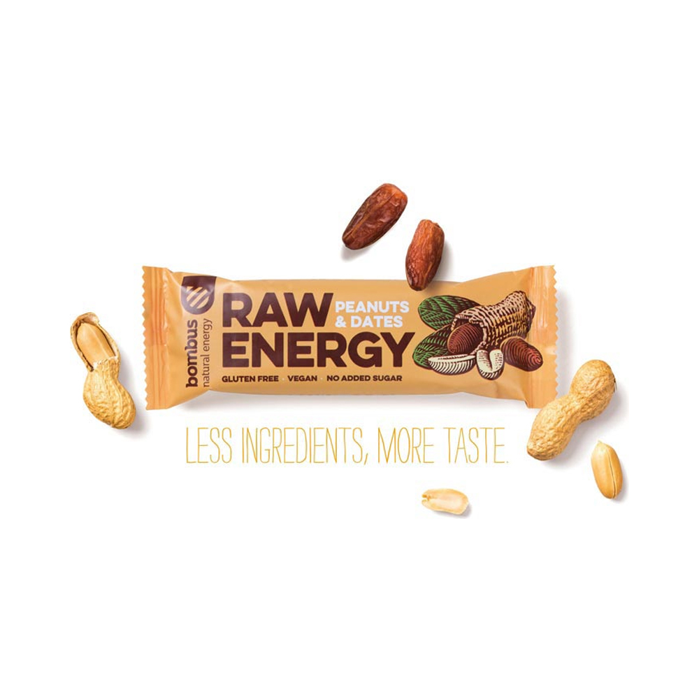 RAW ENERGY Bombus Müsliriegel vegan
Peanuts & Dates / Erdnuss & Dattel
20 Riegel á 50g pro Karton