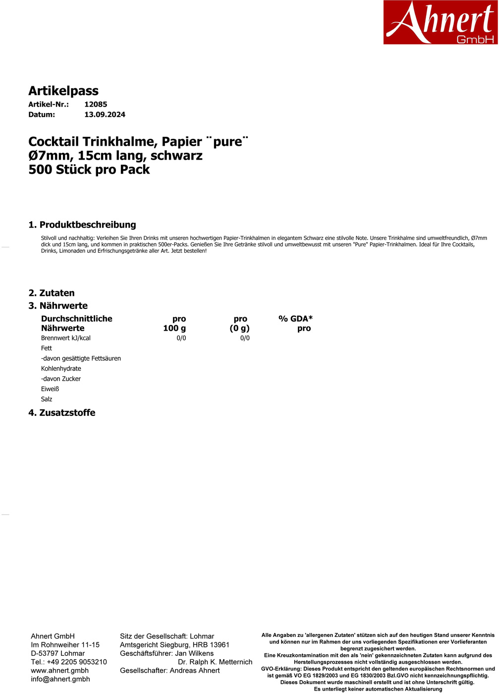 Cocktail Trinkhalme, Papier ¨pure¨
Ø7mm, 15cm lang, schwarz
500 Stück pro Pack