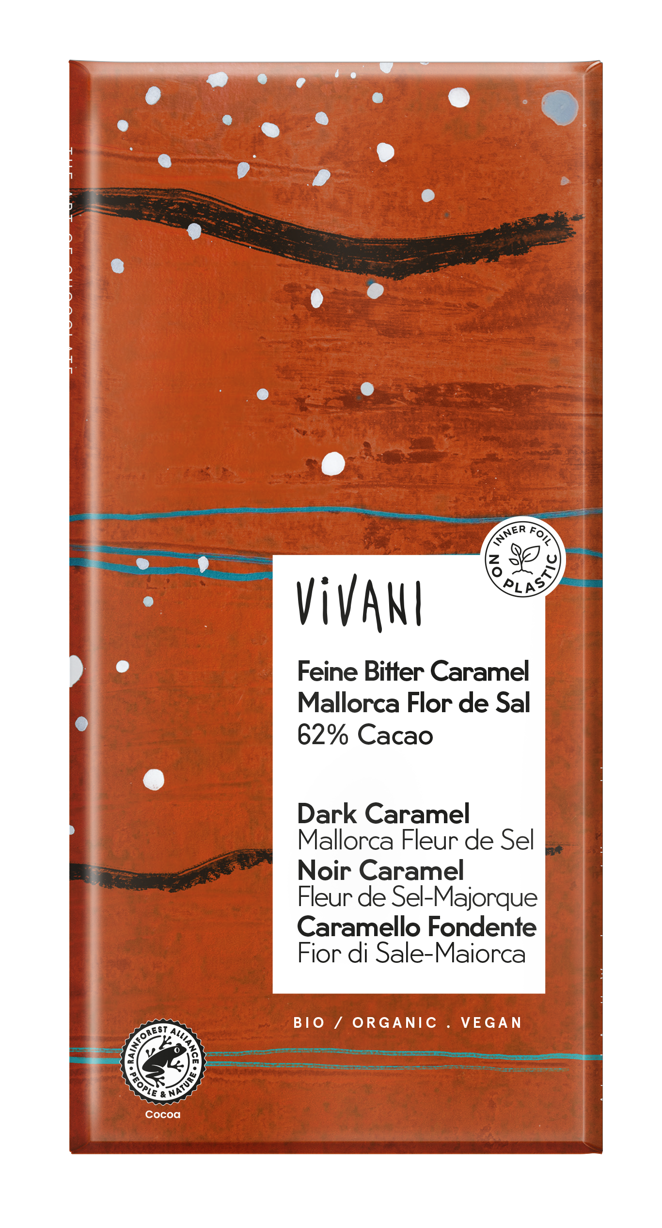 VIVANI Feine Bitter Caramel Mallorca Flor de Sal Schokoladentafel 62%, 80g
BIO, Vegan
10 Stück pro Karton