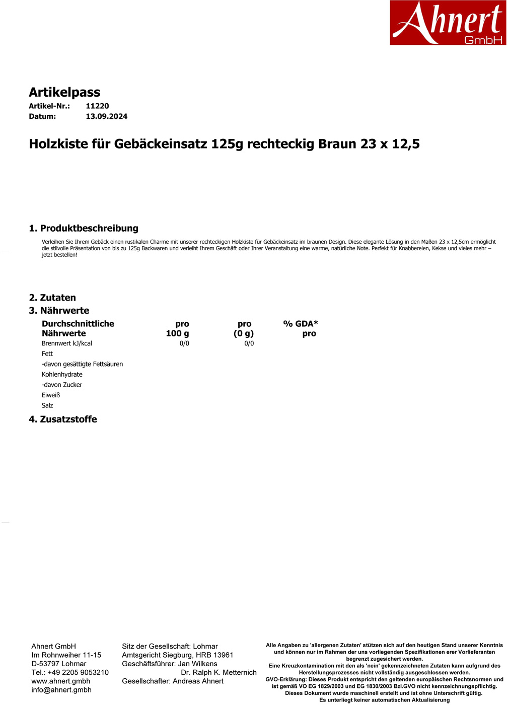 Holzkiste für Gebäckeinsatz 125g rechteckig Braun 23 x 12,5