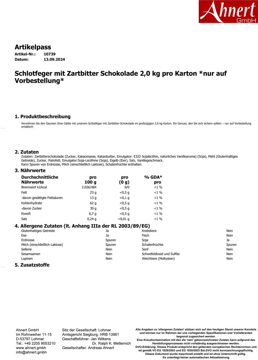 Schlotfeger mit Zartbitter Schokolade 2,0 kg pro Karton *nur auf Vorbestellung*