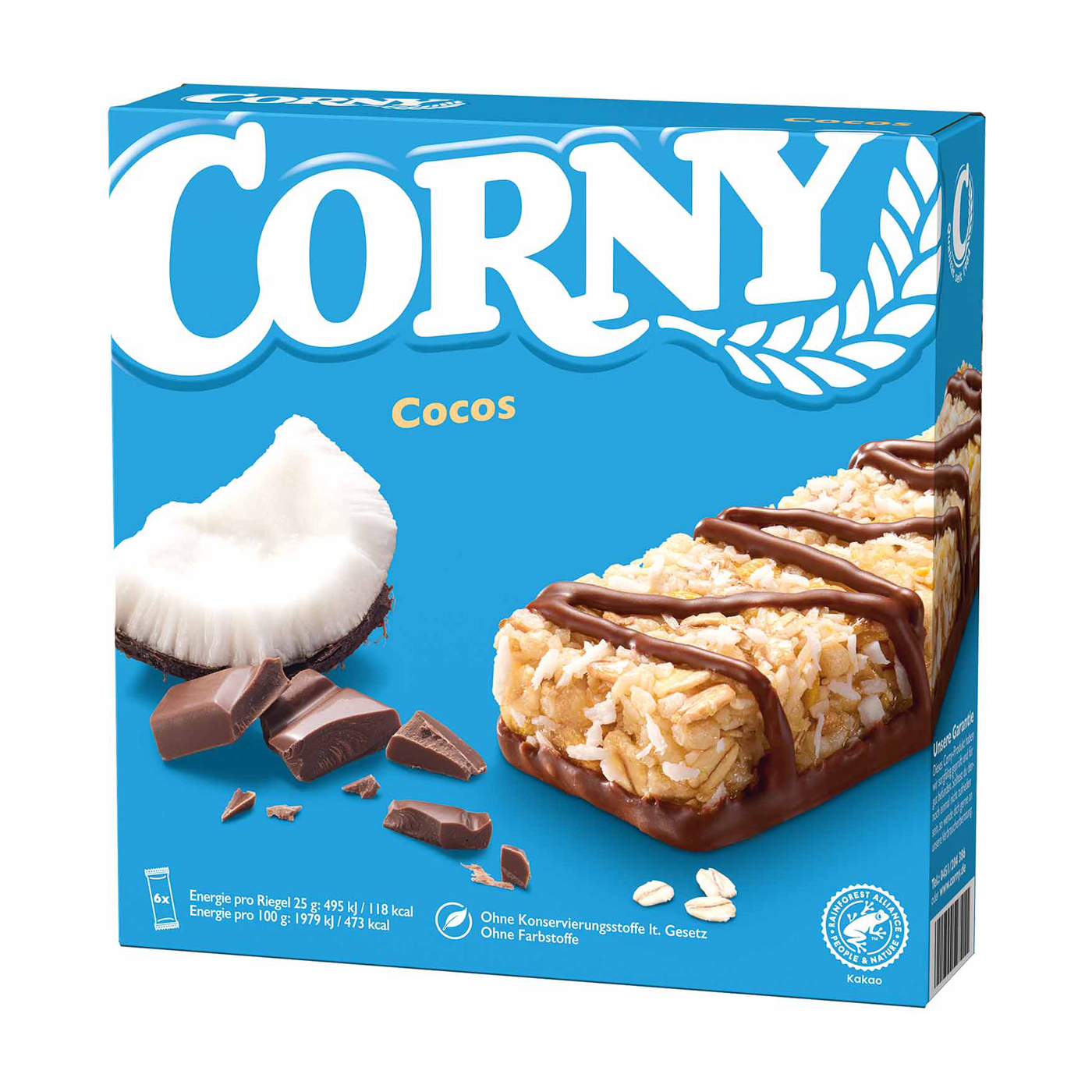 Corny Cocos Riegel
6 x 25g pro Pack (=150g)
10 Pack pro Karton