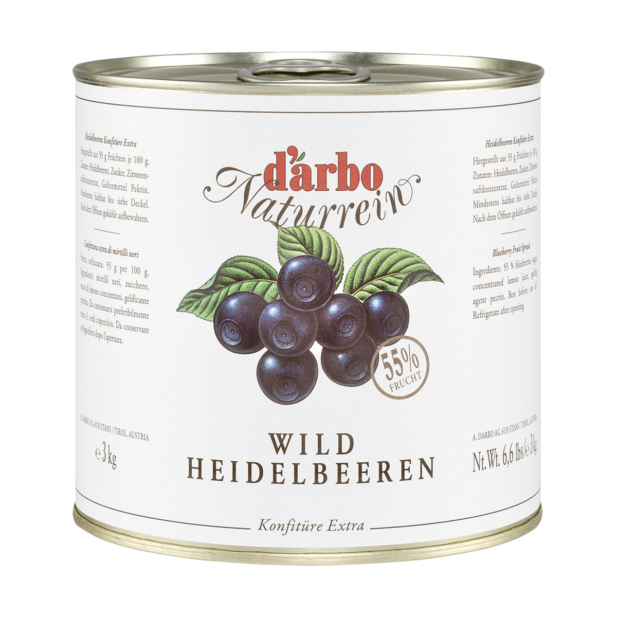DARBO Heidelbeer Konfitüre Naturrein
55% Frucht ohne Konservierungsstoffe
3 kg Dose