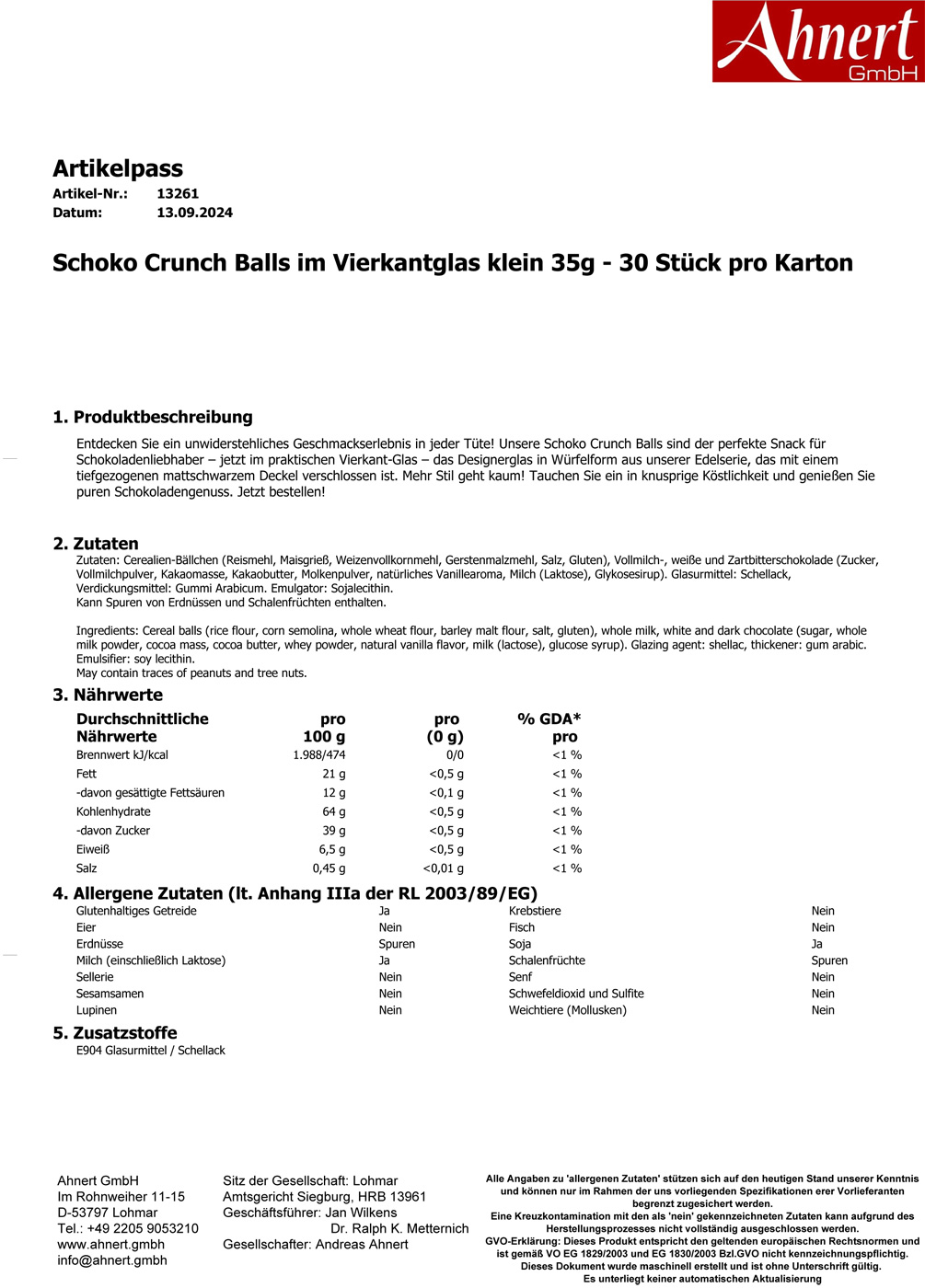 Schoko Crunch Balls im Vierkantglas klein 40g - 30 Stück pro Karton