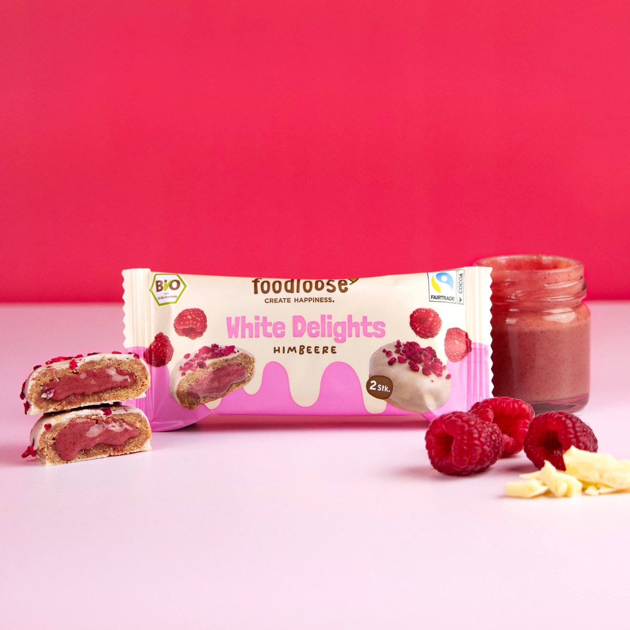 Foodloose Bio White Delights Himbeere
 40g - 12 Stück pro Karton