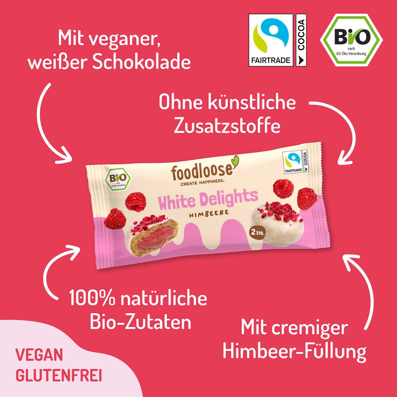 Foodloose Bio White Delights Himbeere
 40g - 12 Stück pro Karton