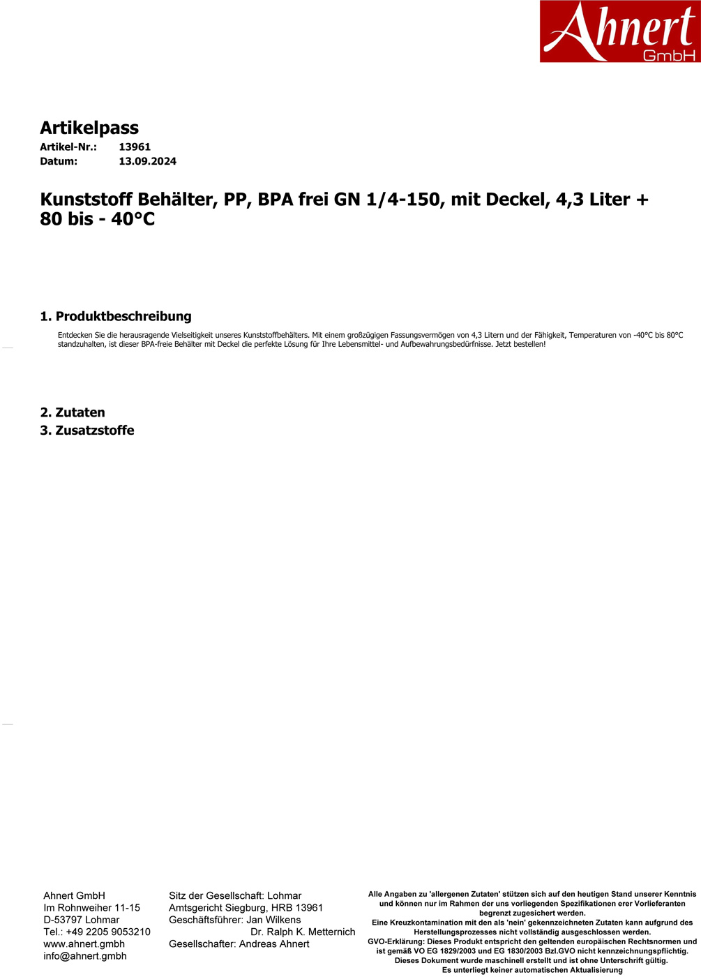 Kunststoff Behälter, PP, BPA frei GN 1/4-150, mit Deckel, 4,3 Liter + 80 bis - 40°C