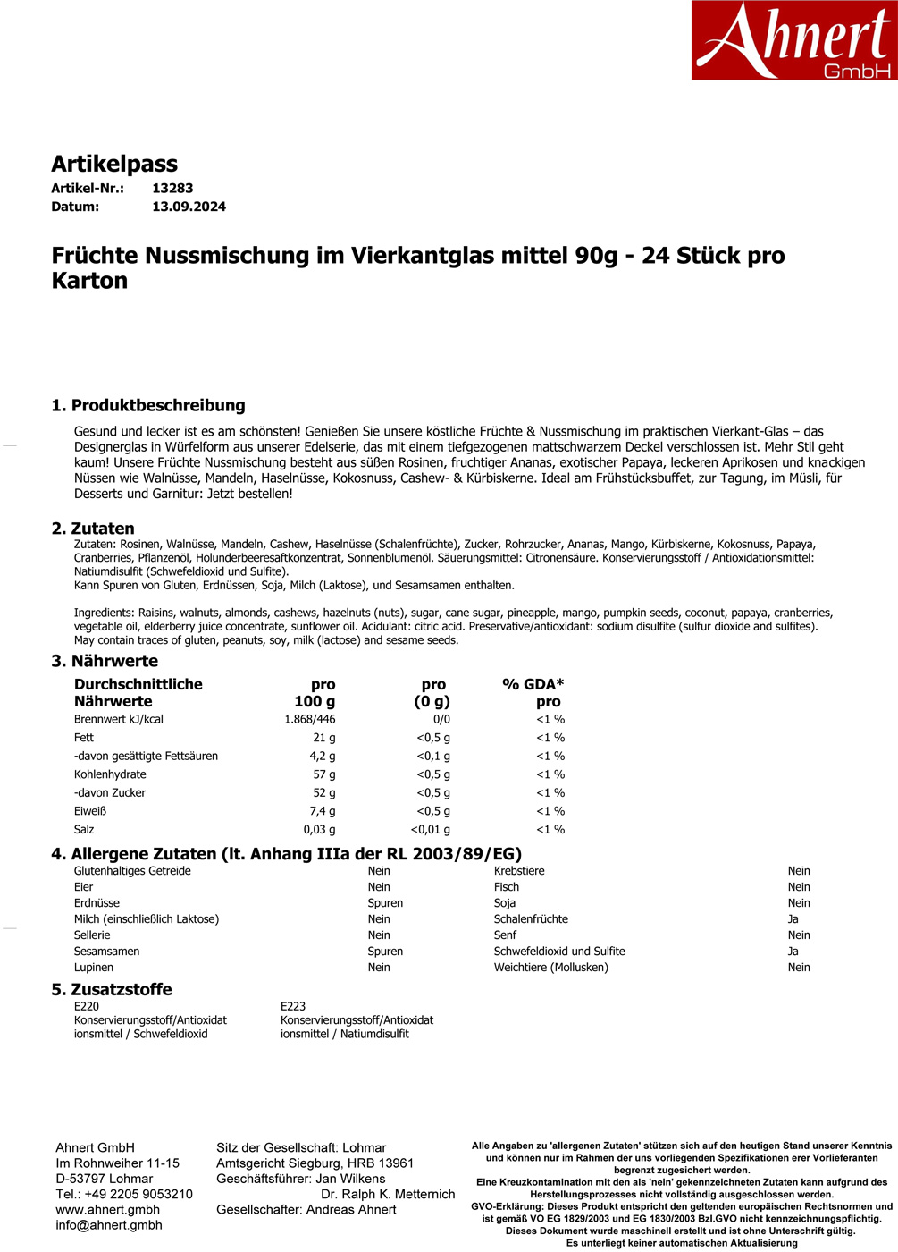 Früchte Nussmischung im Vierkantglas mittel 90g - 24 Stück pro Karton