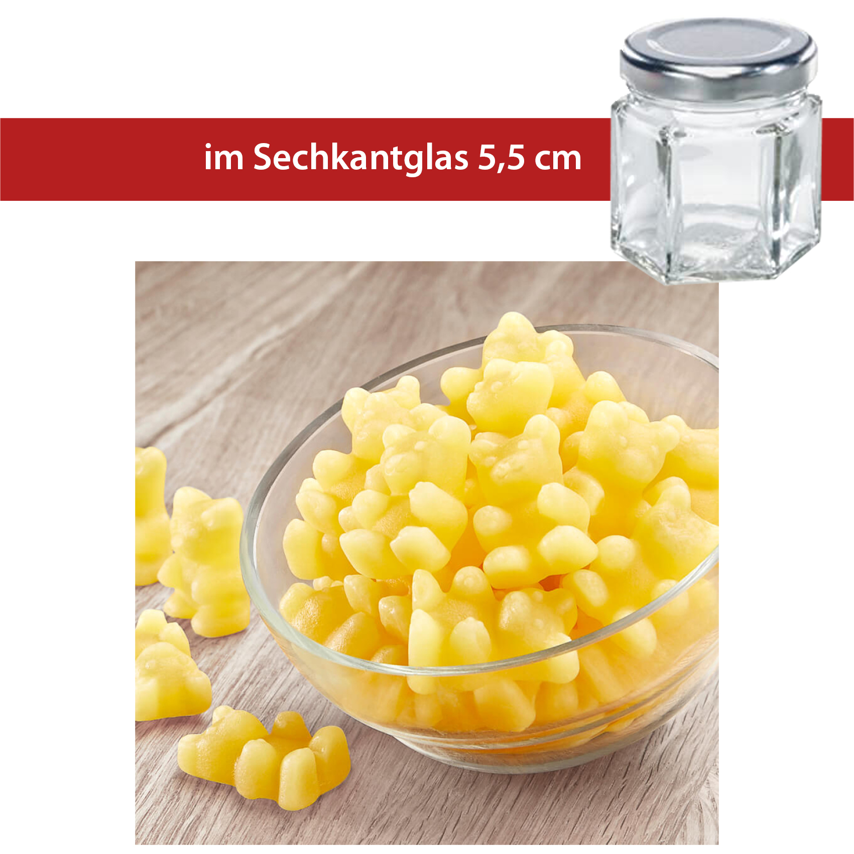 Ingwer Chili Bärchen 50g
5,5cm Sechskant-Glas mit Deckel
36 Stück pro Karton