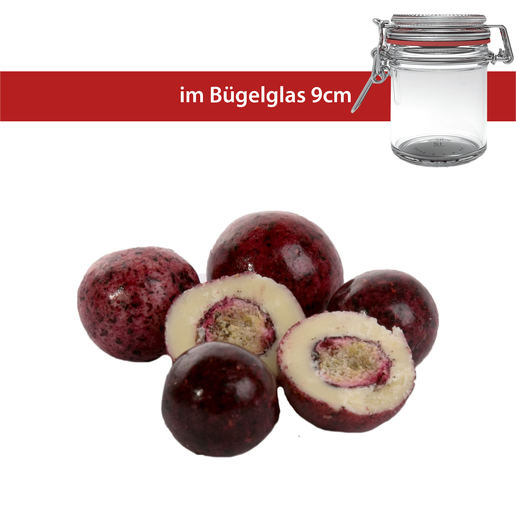 Johannisbeeren gefriergetrocknet in weißer Joghurt-Schokolade 80g
Bügelglas 9cm
16 Stück pro Karton