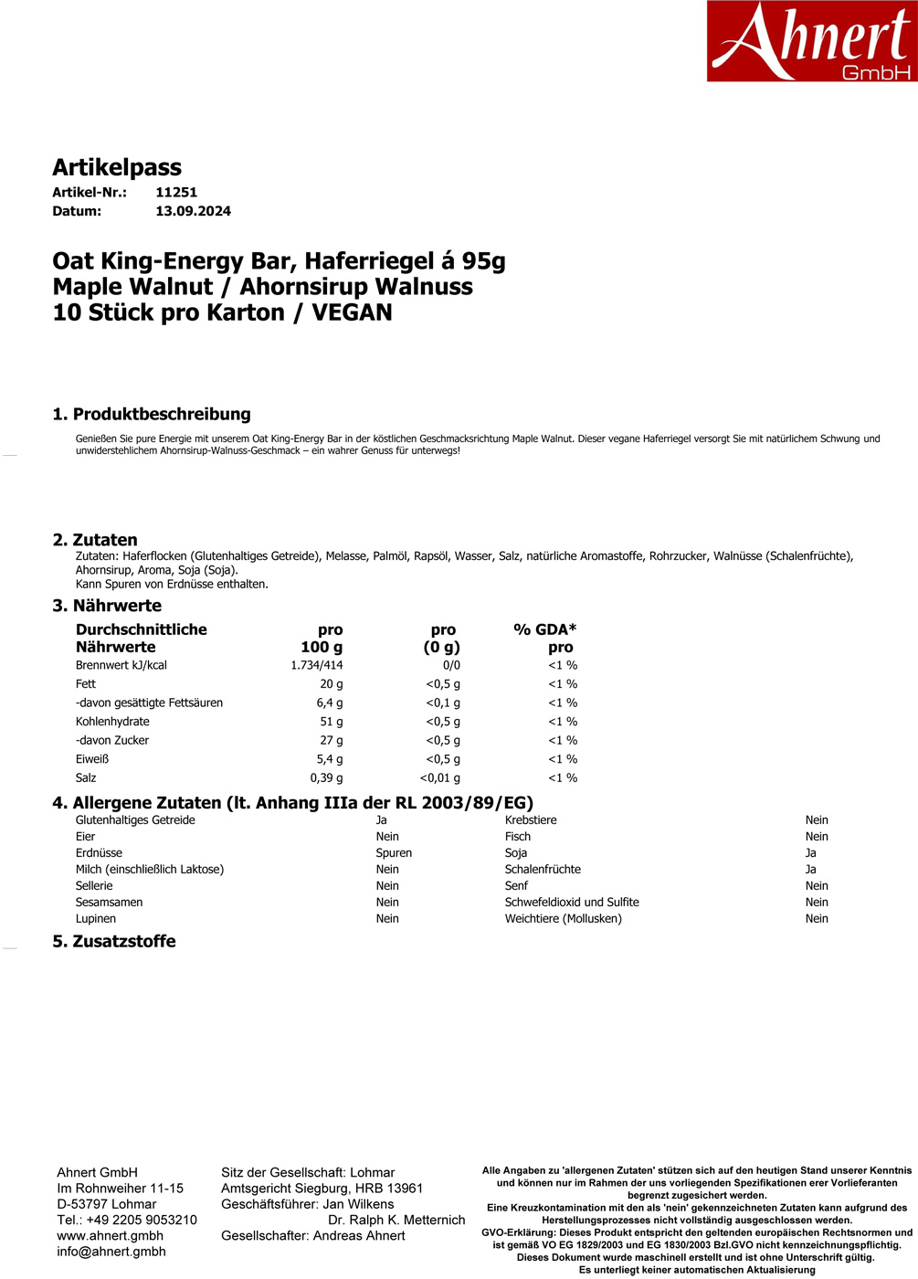 Oat King-Energy Bar, Haferriegel á 95g
Maple Walnut / Ahornsirup Walnuss
10 Stück pro Karton / VEGAN