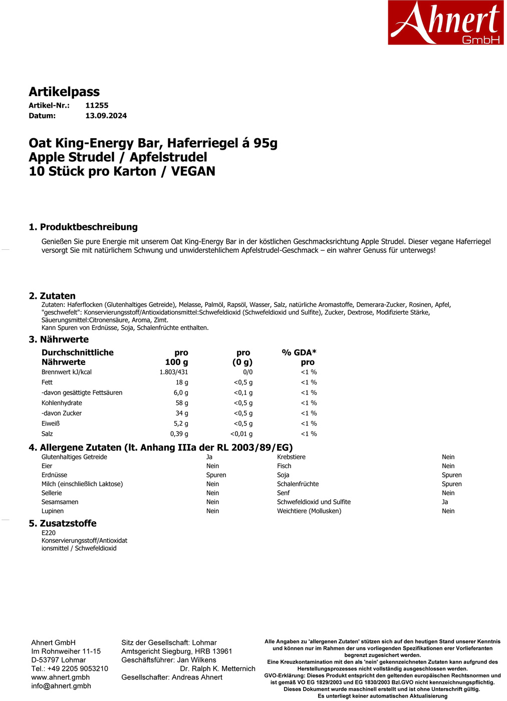 Oat King-Energy Bar, Haferriegel á 95g
Apple Strudel / Apfelstrudel
10 Stück pro Karton / VEGAN