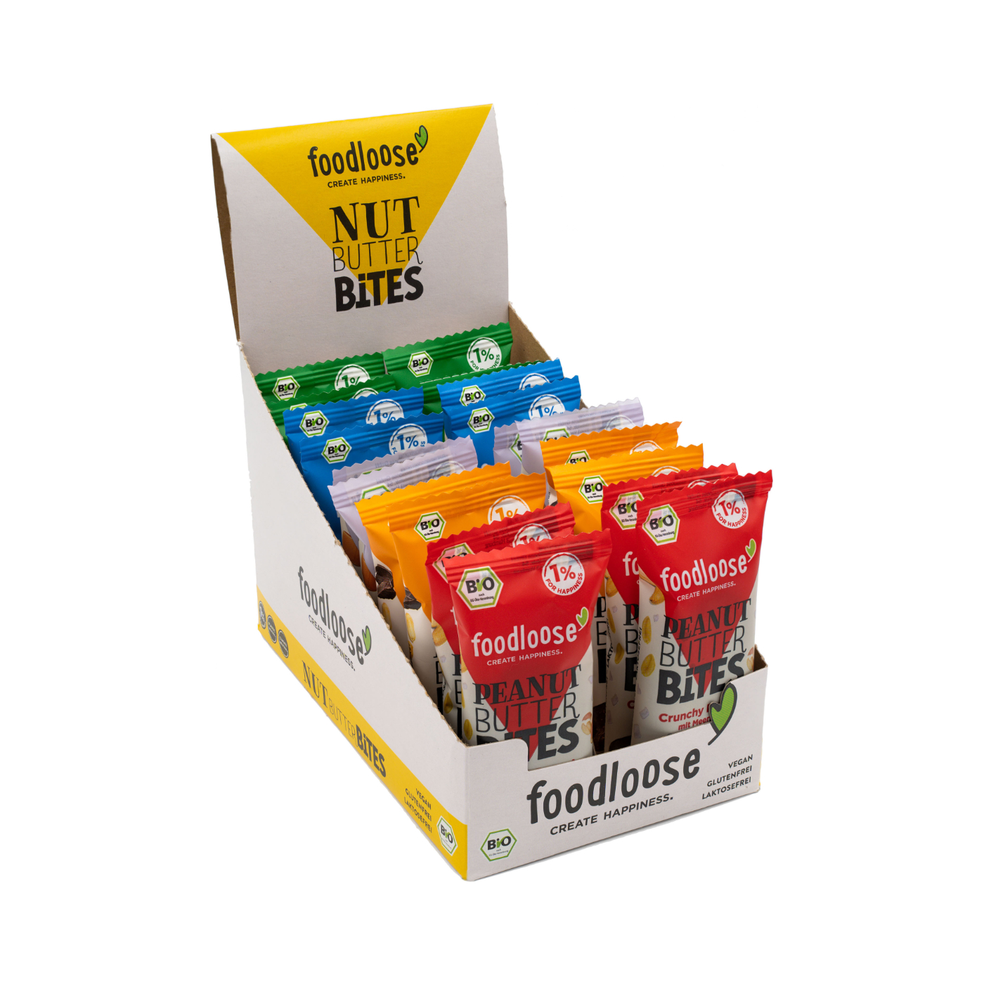 Foodloose Bio-Nut Butter Bites Variety Pack
Crunchy Peanut, Erdnussmus, Hazelnut, Erdnuss-Schoko & Salted Caramel 40g - 20 Stück pro Karton