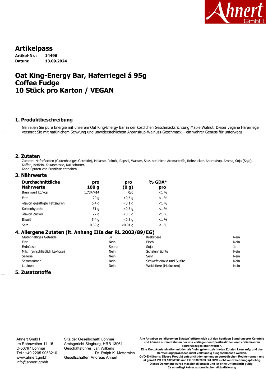 Oat King-Energy Bar, Haferriegel á 95g
Coffee Fudge
10 Stück pro Karton / VEGAN