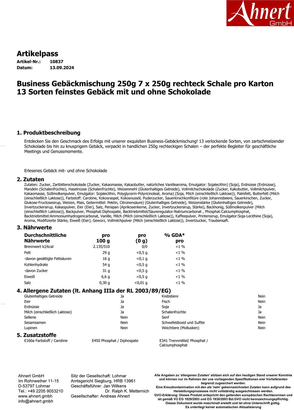 Business Gebäckmischung 250g 7 x 250g Rechteck Schale pro Karton 13 Sorten feinstes Gebäck mit und ohne Schokolade