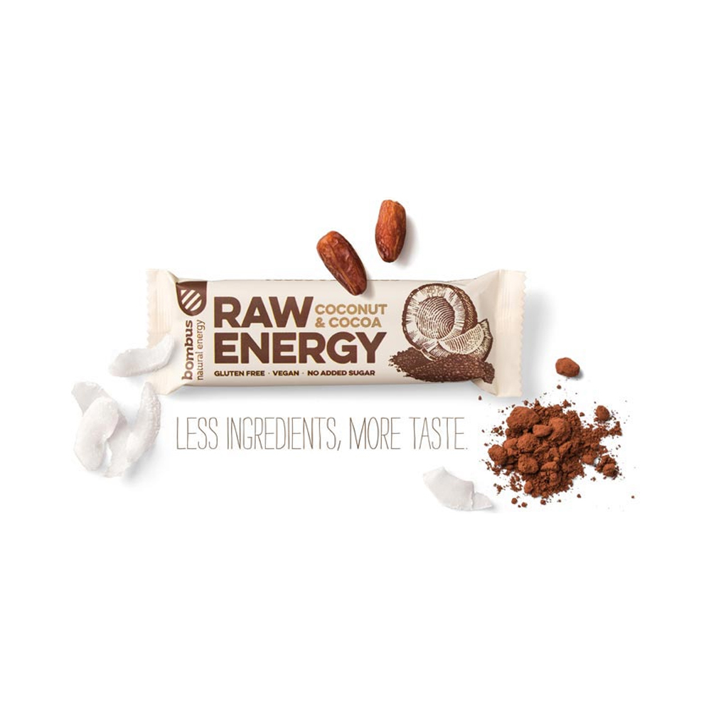 RAW ENERGY Bombus Müsliriegel vegan
Coconut & Cocoa / Kokosnuss & Kakao
20 Riegel á 50g pro Karton