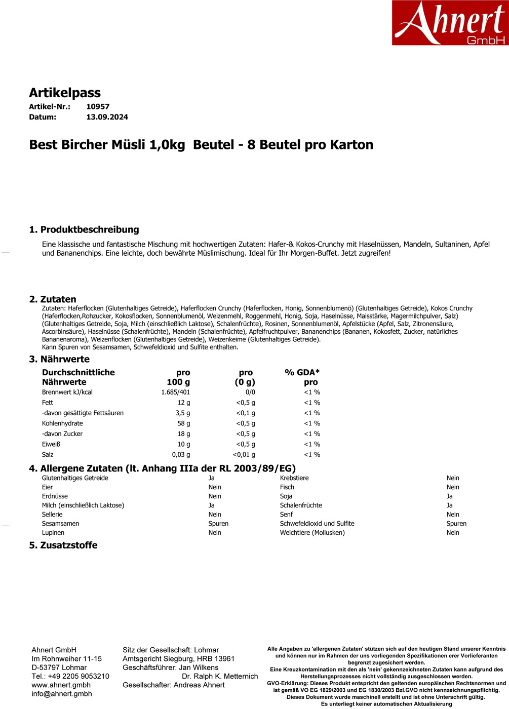 Best Bircher Müsli 1,0kg  Beutel - 8 Beutel pro Karton