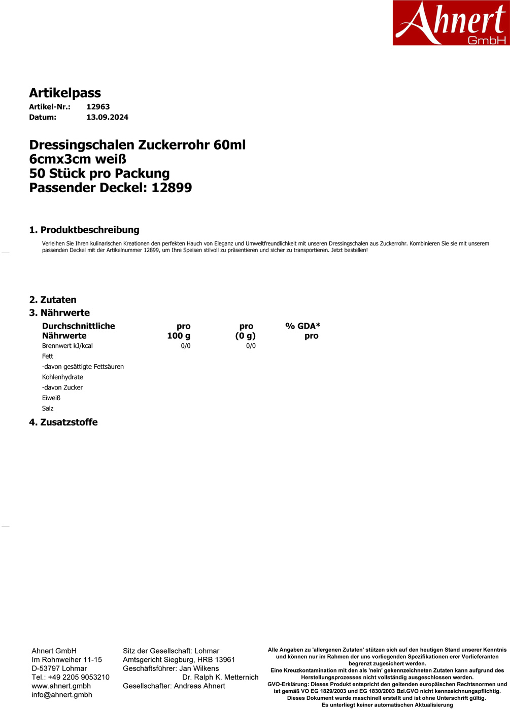 Dressingschalen Zuckerrohr 60ml
6cmx3cm weiß
50 Stück pro Packung
Passender Deckel: 12899