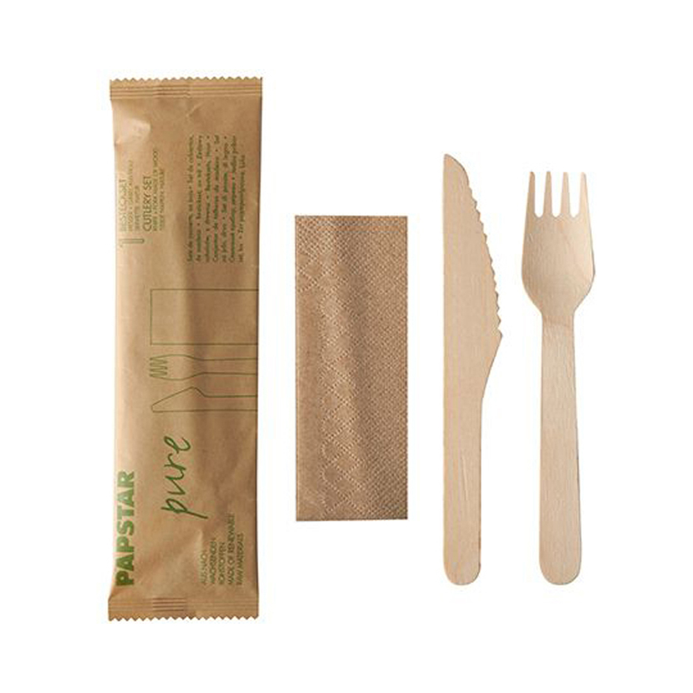 Besteckset aus Holz, Messer und Gabel verpackt mit Serviette in Papierbeutel aus Birkenholz
50 Sets pro Pack/Gebinde