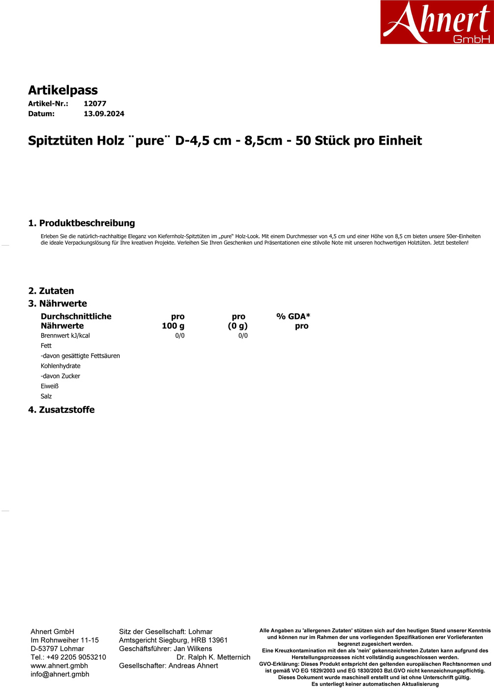 Spitztüten Holz ¨pure¨ D-4,5 cm - 8,5cm - 50 Stück pro Einheit