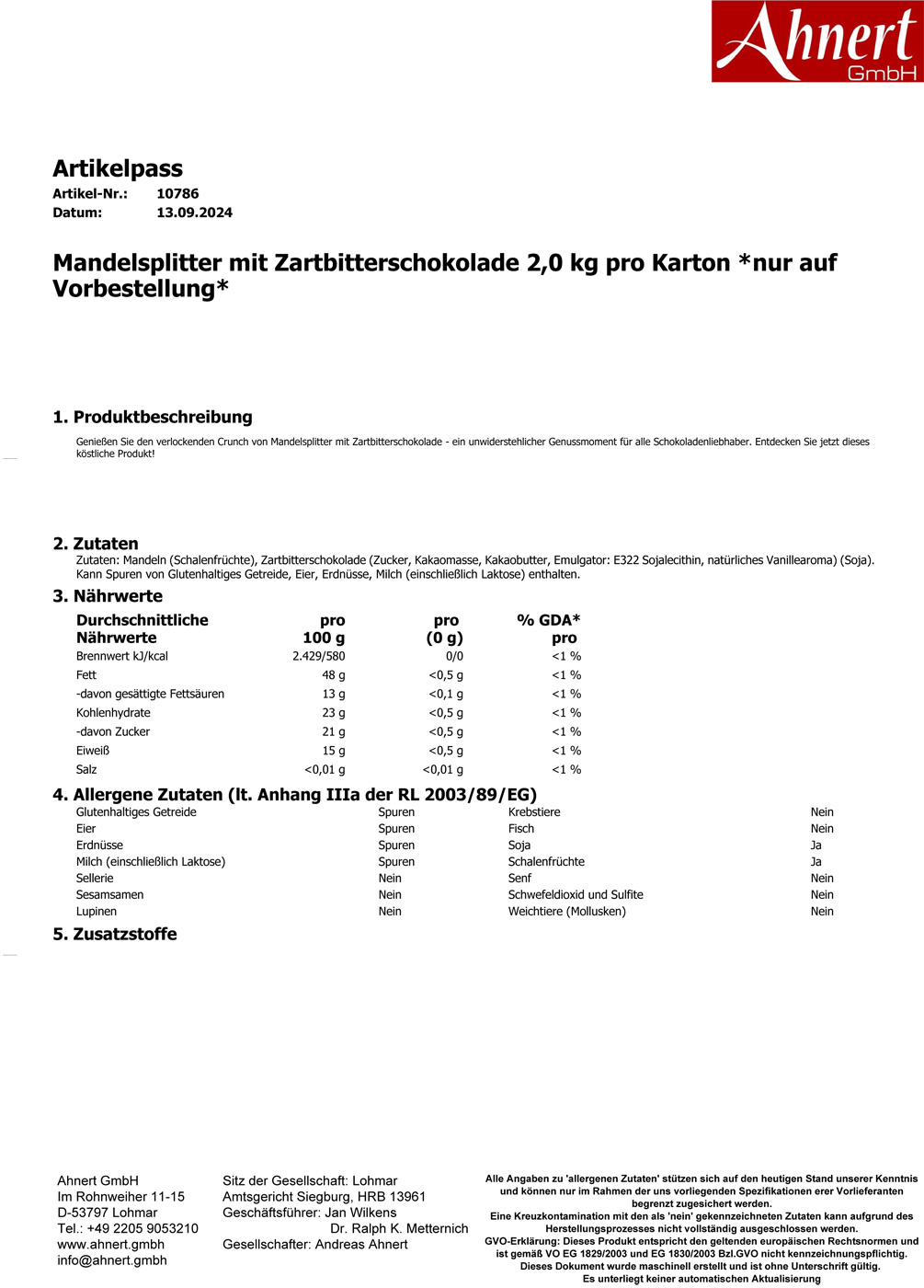 Mandelsplitter mit Zartbitterschokolade 2,0 kg pro Karton *nur auf Vorbestellung*