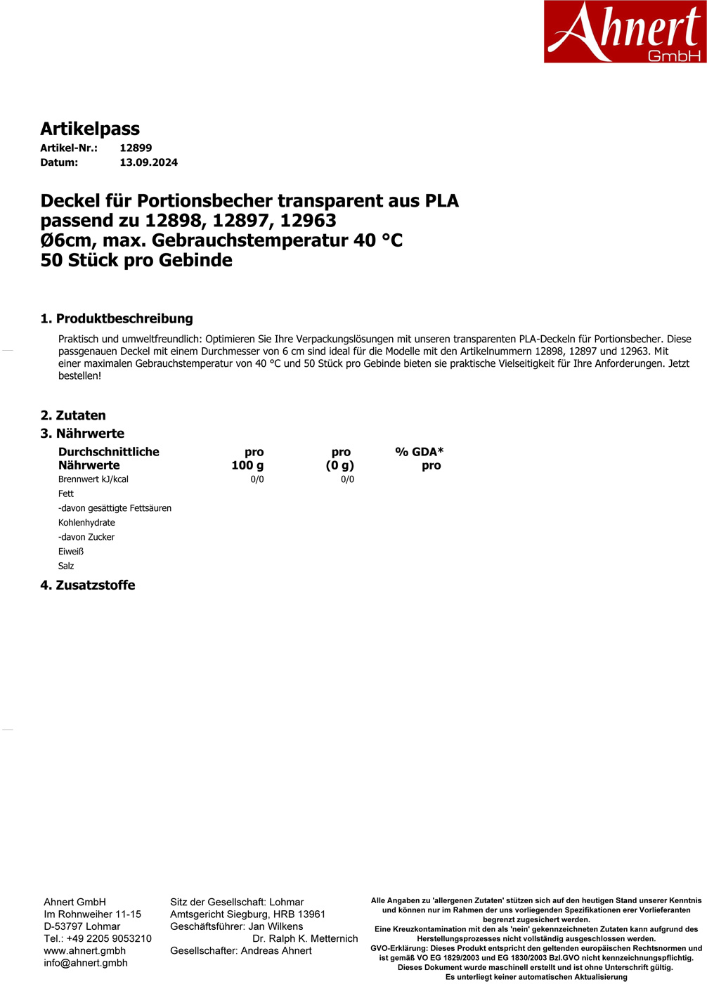 Deckel für Portionsbecher transparent aus PLA
passend zu 12898, 12897, 12963
Ø6cm, max. Gebrauchstemperatur 40 °C
50 Stück pro Gebinde