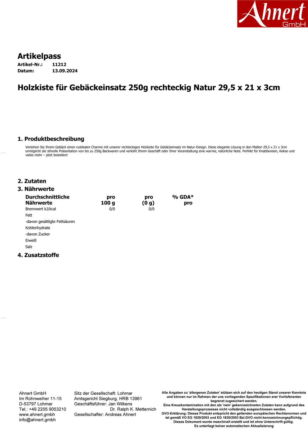 Holzkiste für Gebäckeinsatz 250g rechteckig Natur 29,5 x 21 x 3cm
