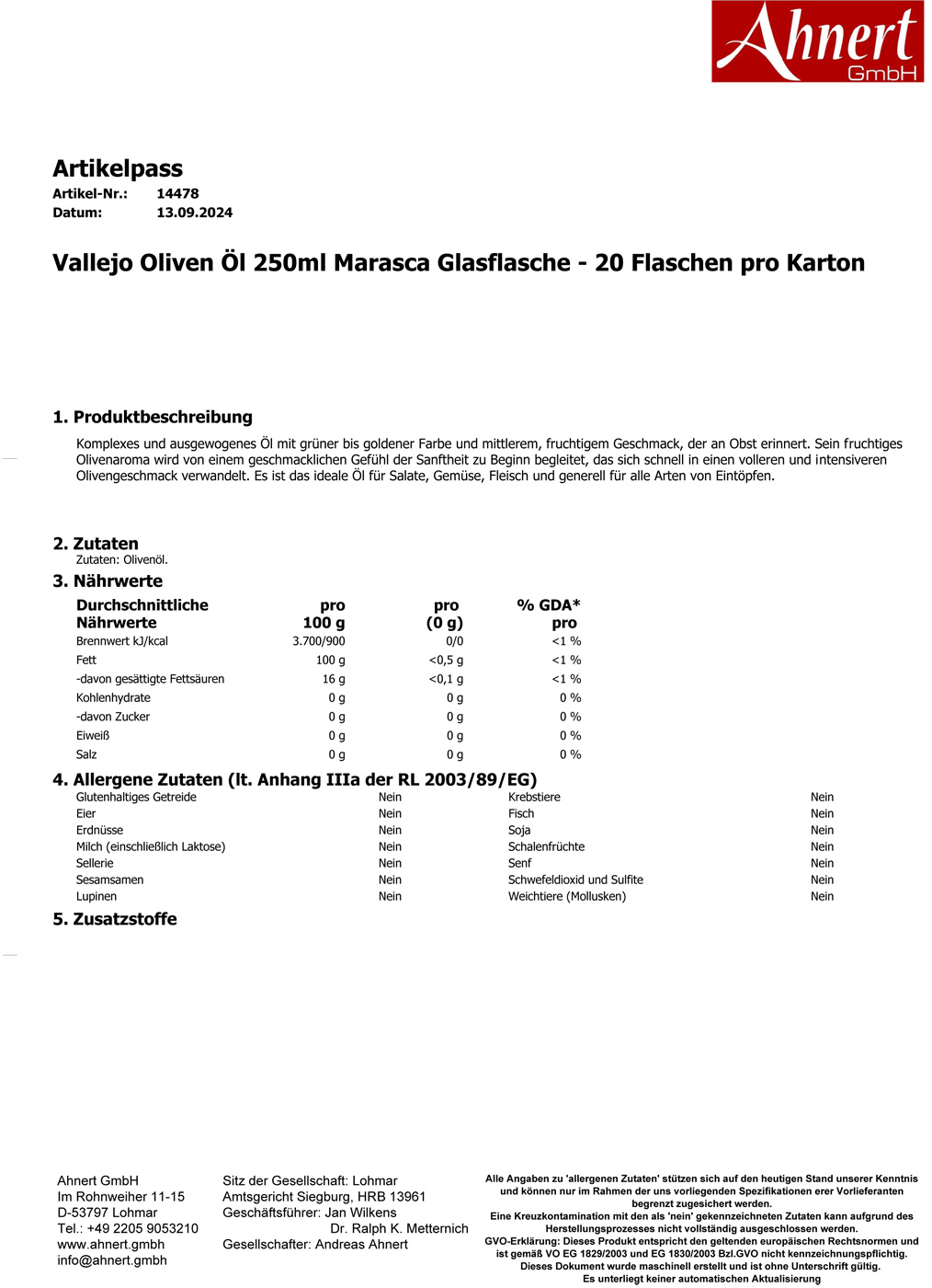 Vallejo Oliven Öl 250ml Marasca Glasflasche - 20 Flaschen pro Karton