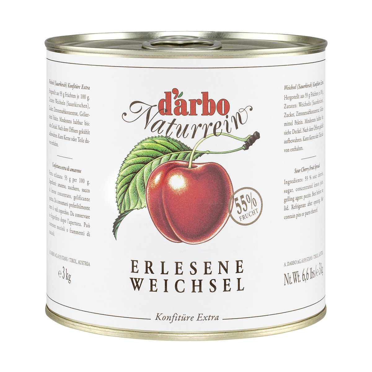 DARBO Kirsch Konfitüre Naturrein
55% Frucht ohne Konservierungsstoffe
3 kg Dose