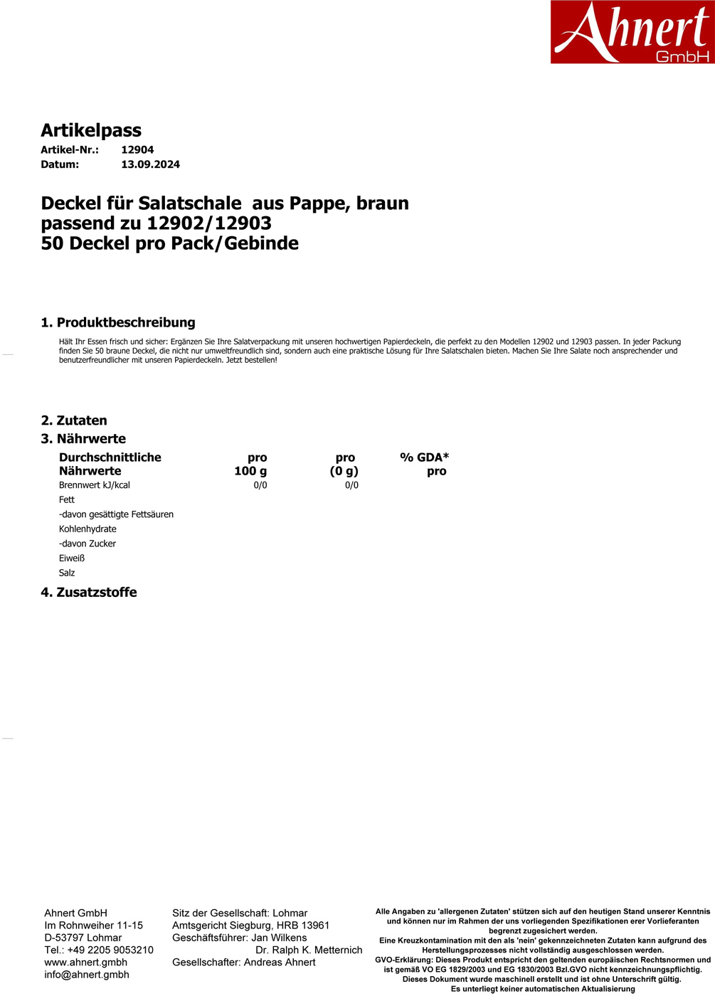 Deckel für Salatschale  aus Pappe, braun
passend zu 12902/12903
50 Deckel pro Pack/Gebinde