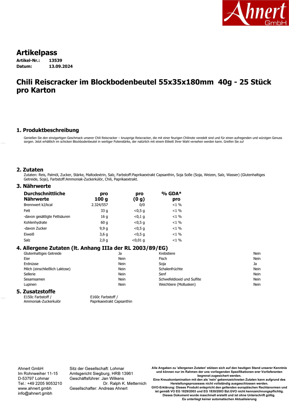 Chili Reiscracker im Blockbodenbeutel 55x35x180mm  40g - 25 Stück pro Karton