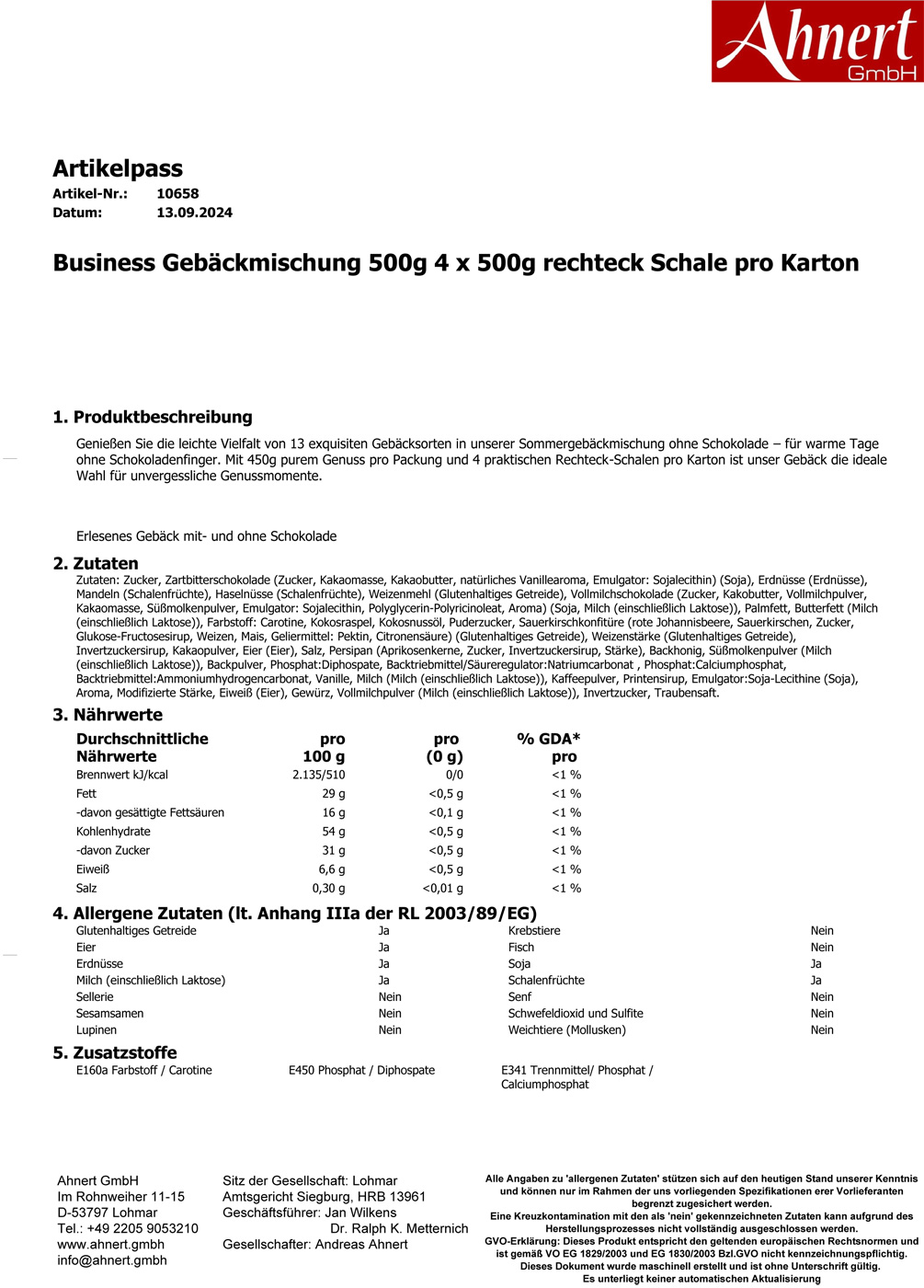 Business Gebäckmischung 500g 4 x 500g Rechteck Schale pro Karton