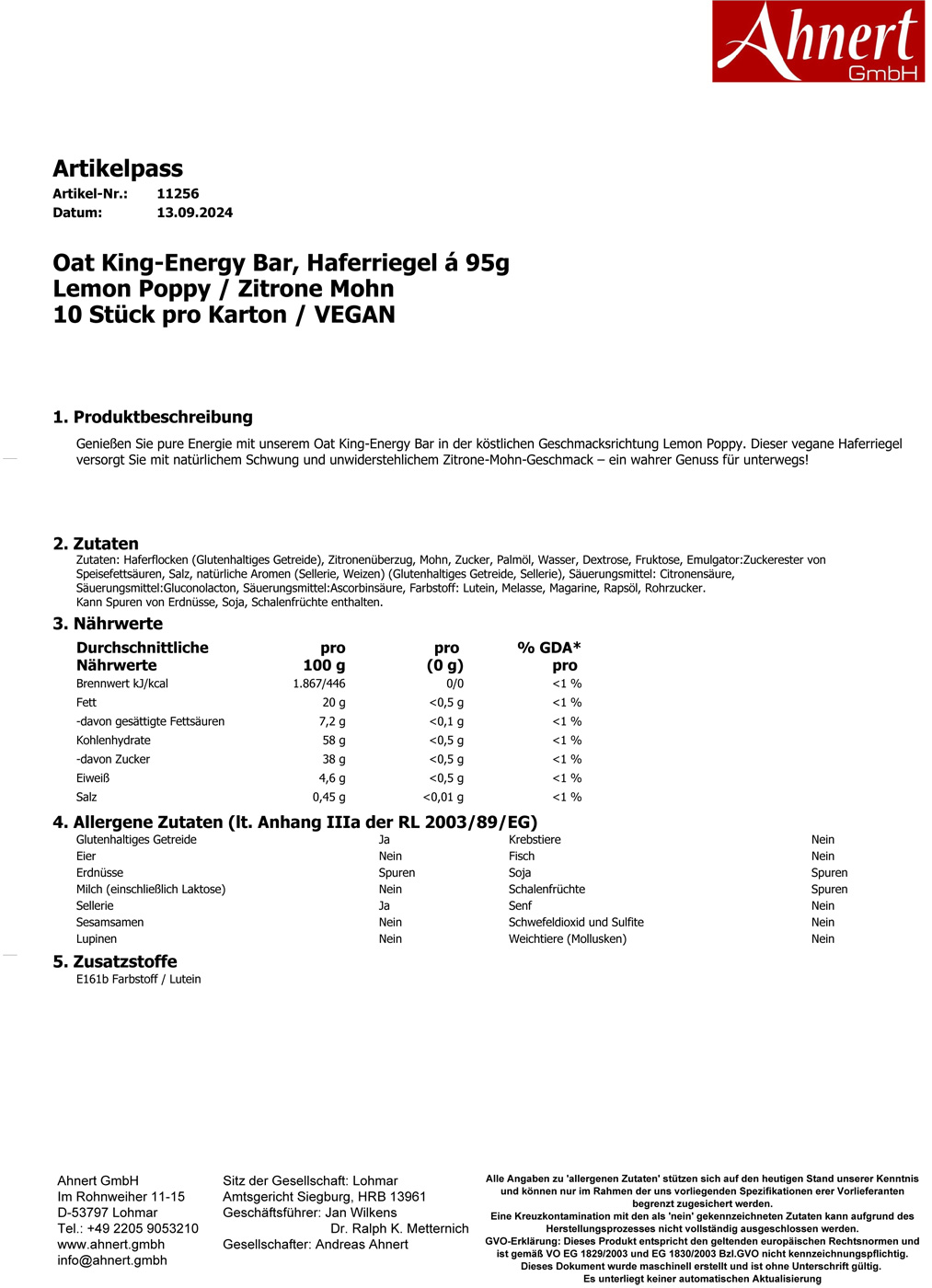 Oat King-Energy Bar, Haferriegel á 95g
Lemon Poppy / Zitrone Mohn
10 Stück pro Karton / VEGAN