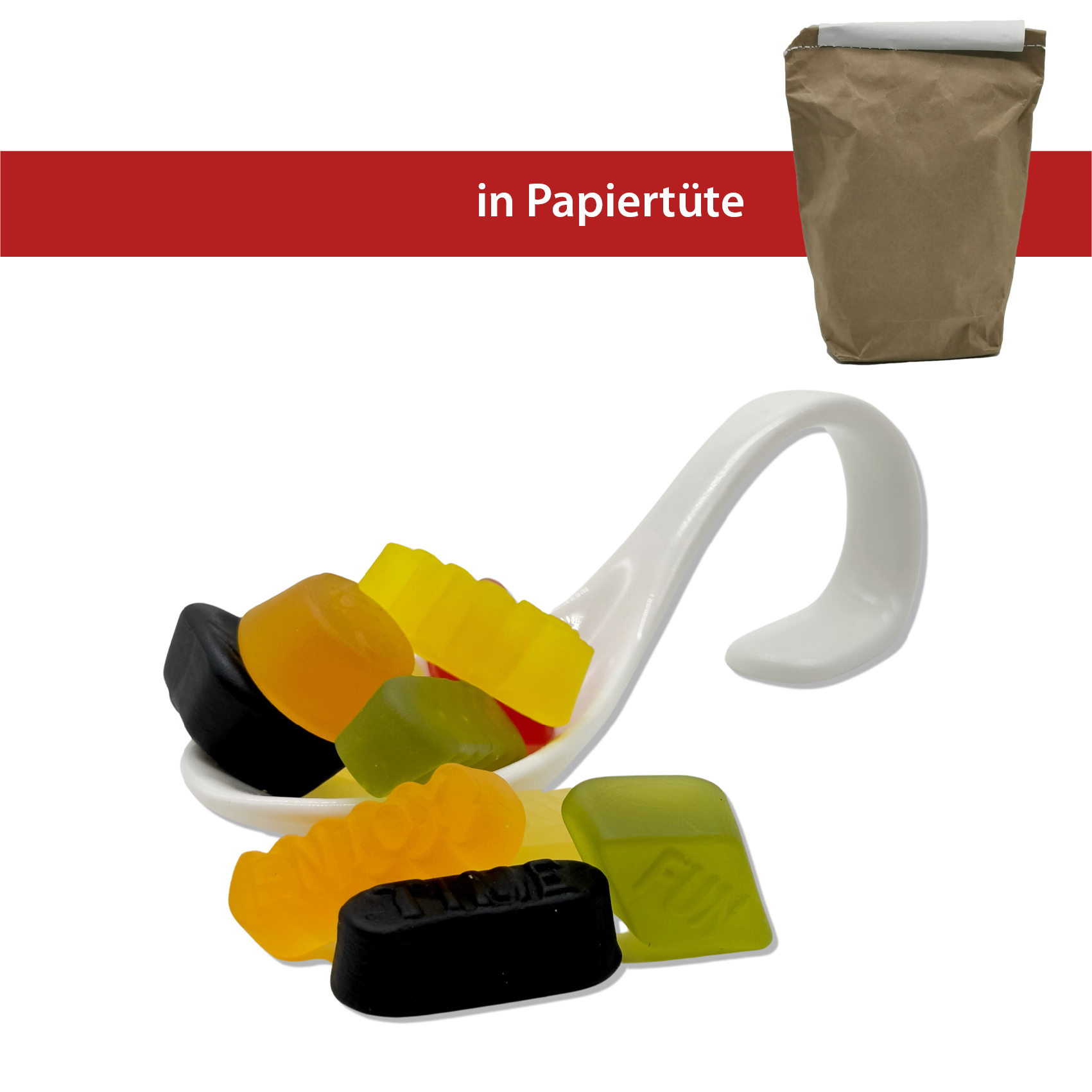 Englisches Weingummi 1kg
in der Papiertüte, genäht