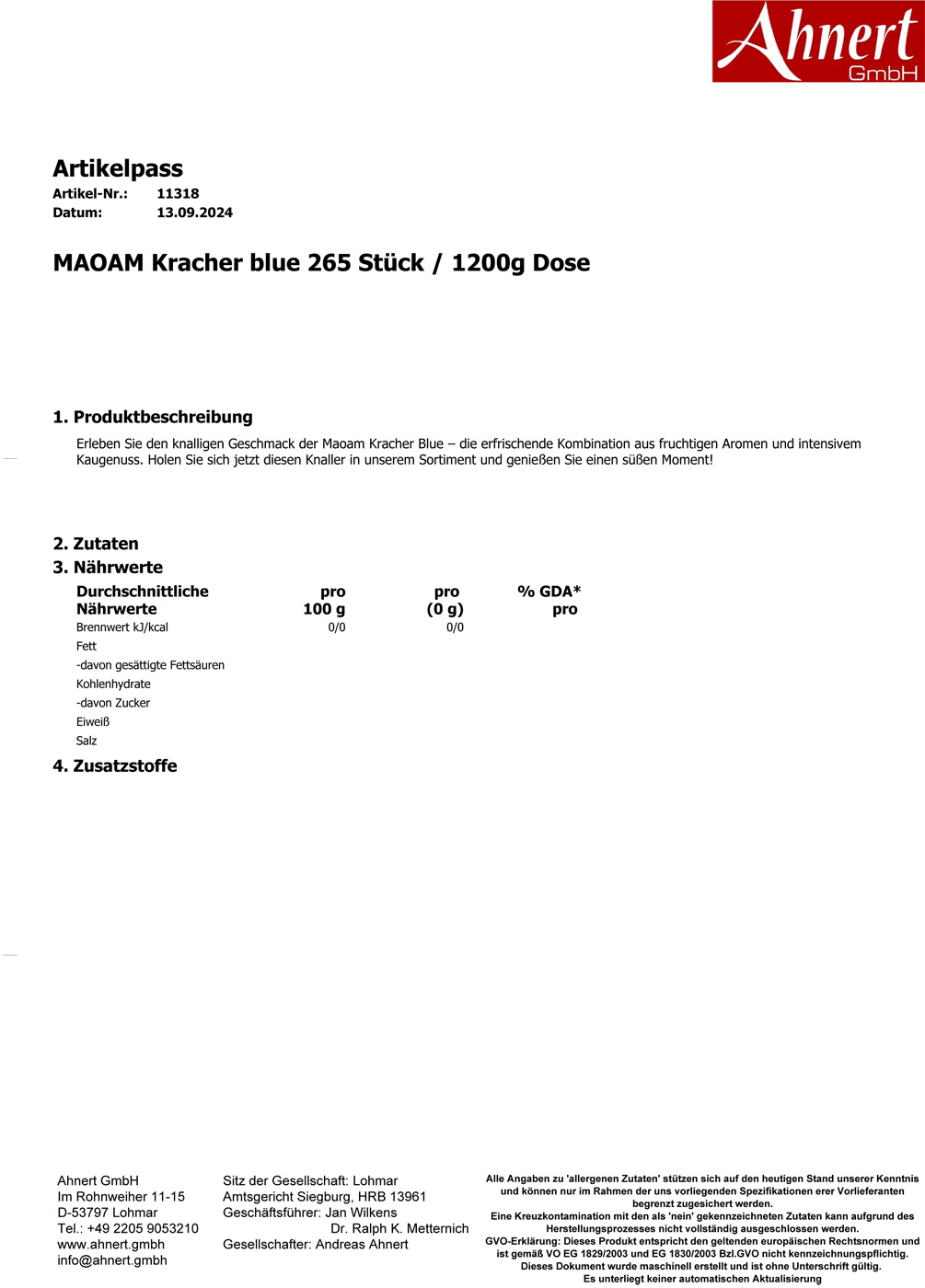 MAOAM Kracher blue 265 Stück / 1200g Dose