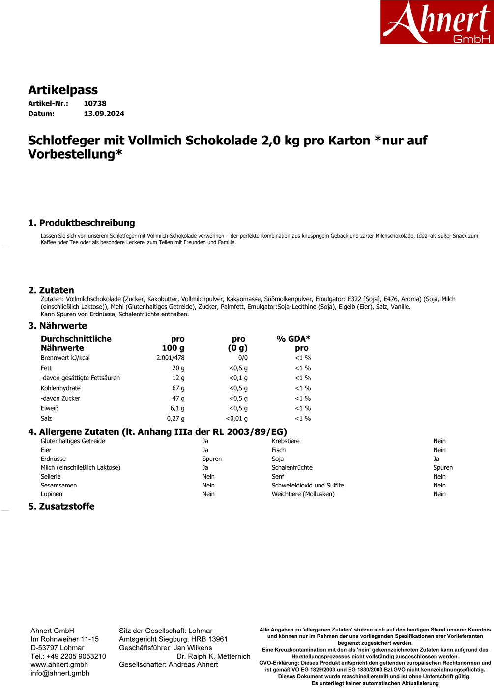 Schlotfeger mit Vollmilch Schokolade 2,0 kg pro Karton *nur auf Vorbestellung*