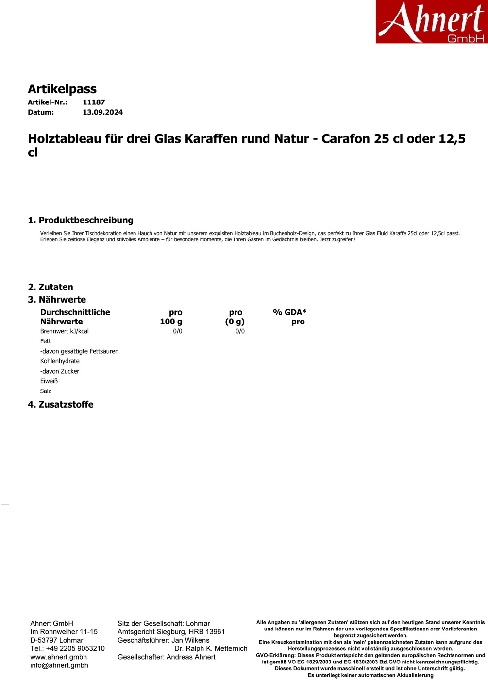 Holztableau für drei Glas Karaffen rund Natur - Carafon 25 cl oder 12,5 cl