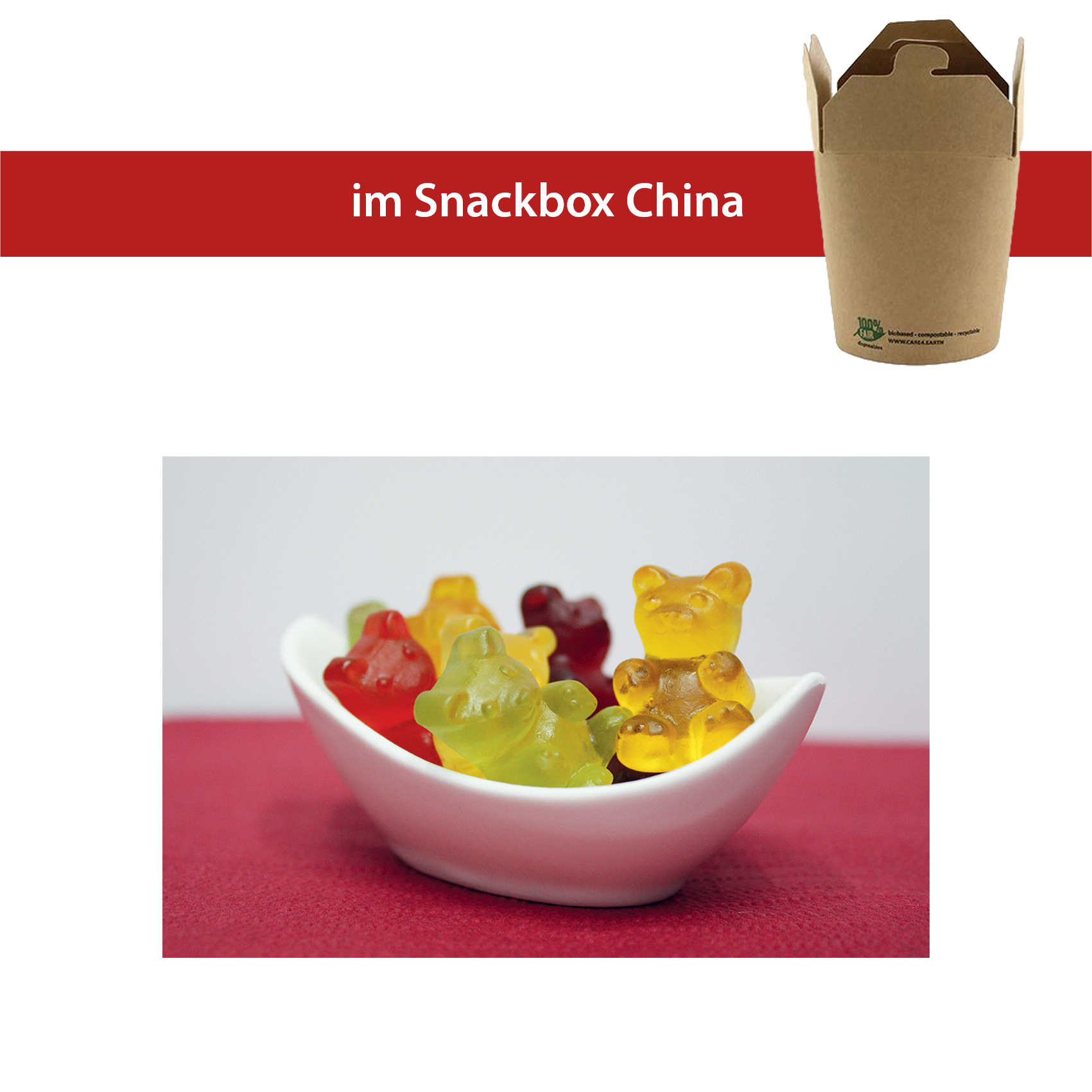 XXL Bärchen ohne Gelatine 100g
Asia Snackbox 230ml, biologisch abbaubar
48 Stück pro Karton