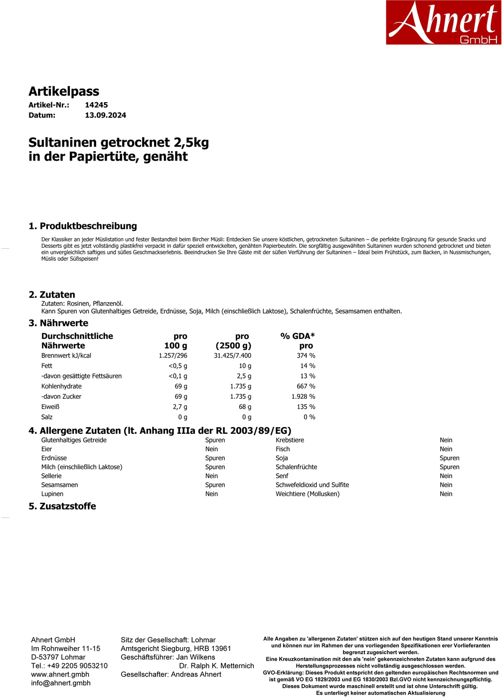 Sultaninen getrocknet 2,5kg
in der Papiertüte, genäht