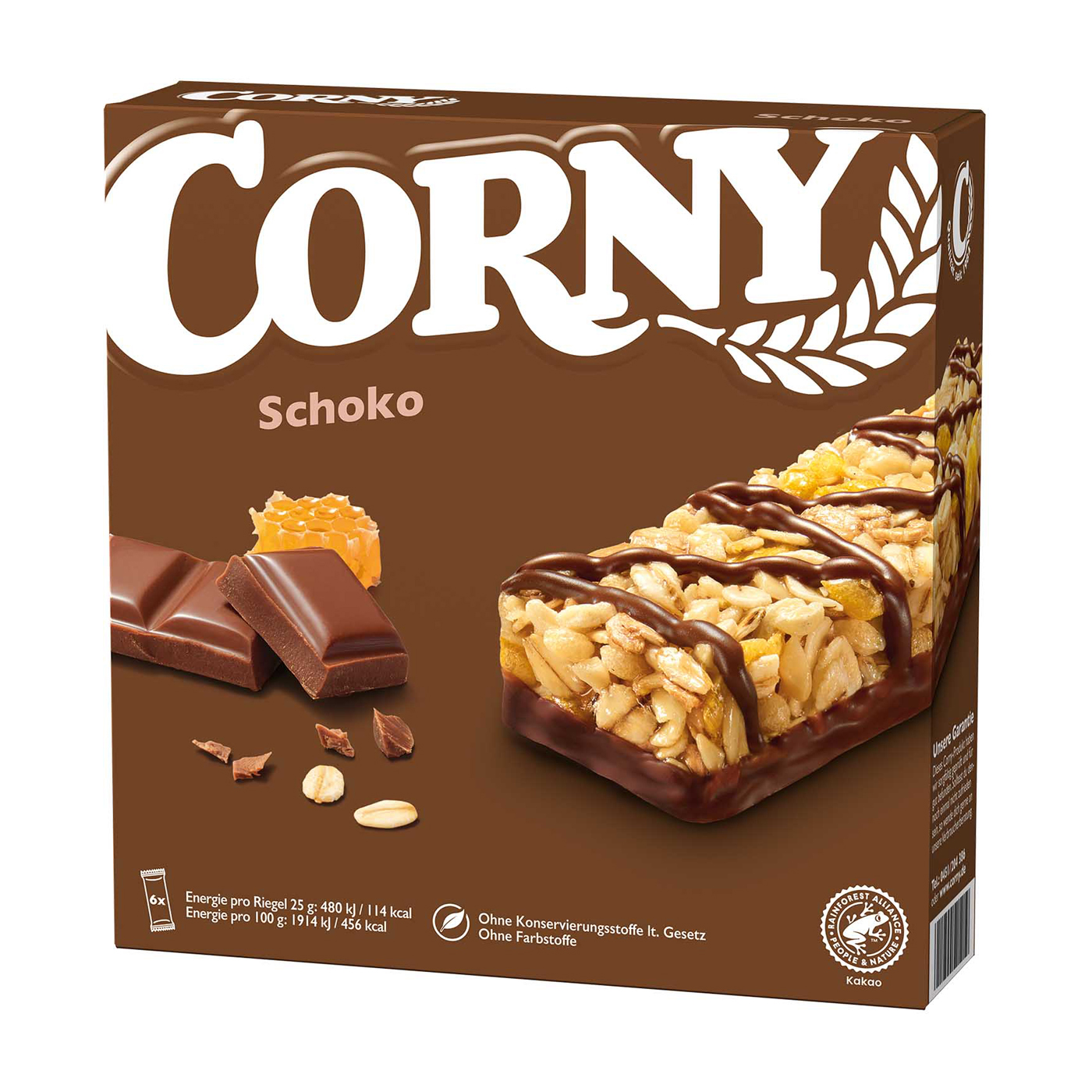 Corny Schoko Riegel
6 x 25g pro Pack (=150g)
10 Pack pro Karton