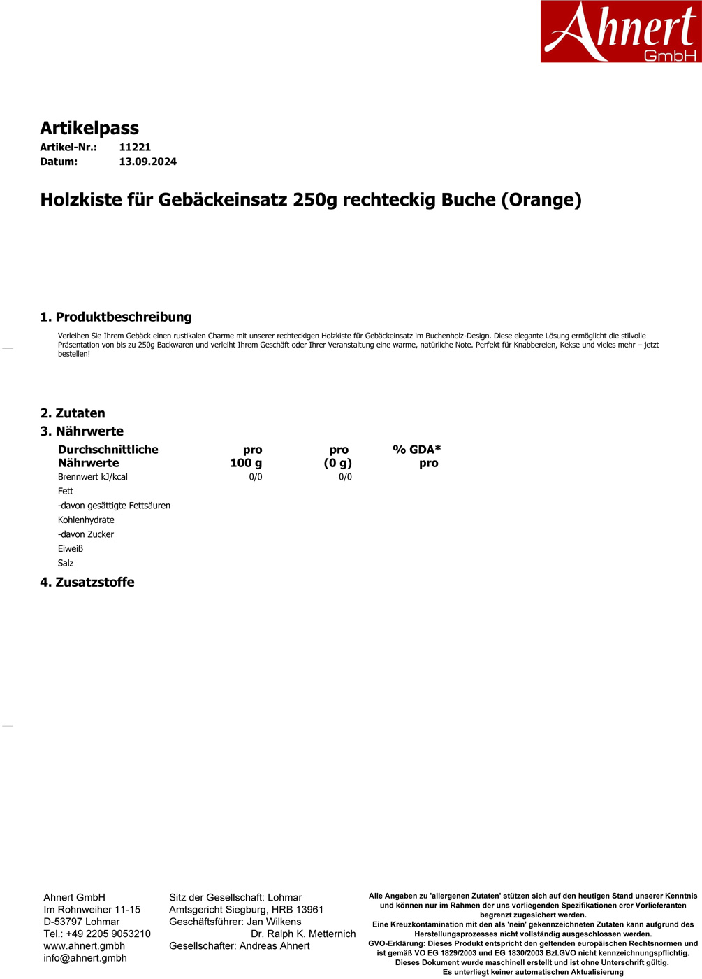 Holzkiste für Gebäckeinsatz 250g rechteckig Buche (Orange)